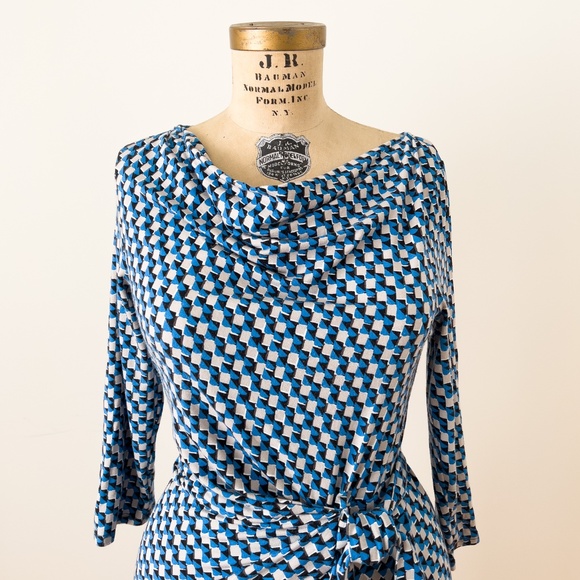 Ann Taylor Ruched Blue Cowl Neck Geometric Jersey Dress Career Office Size Small - Picture 1 of 15